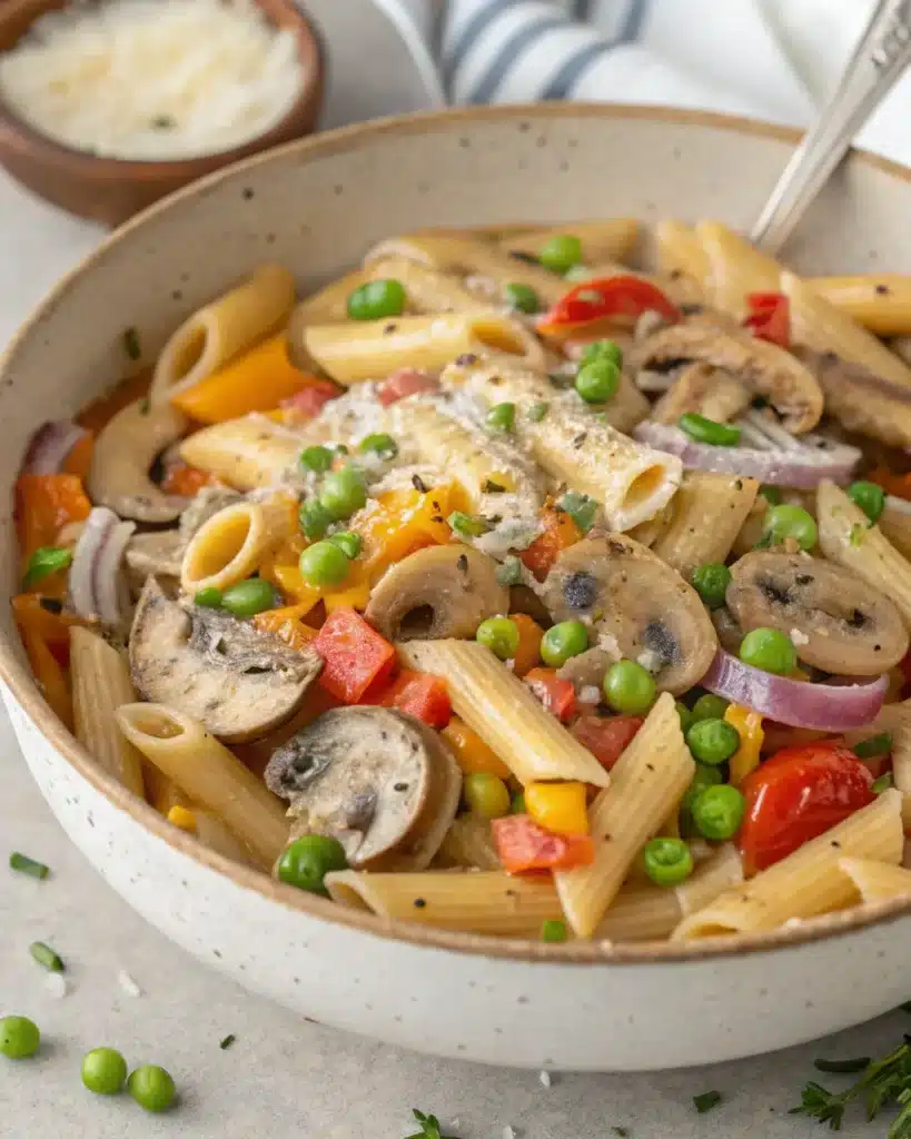 One-pot vegetarian pasta with mushrooms, peas, and bell peppers – a perfect addition to your collection of Vegetarian Pasta Recipes.