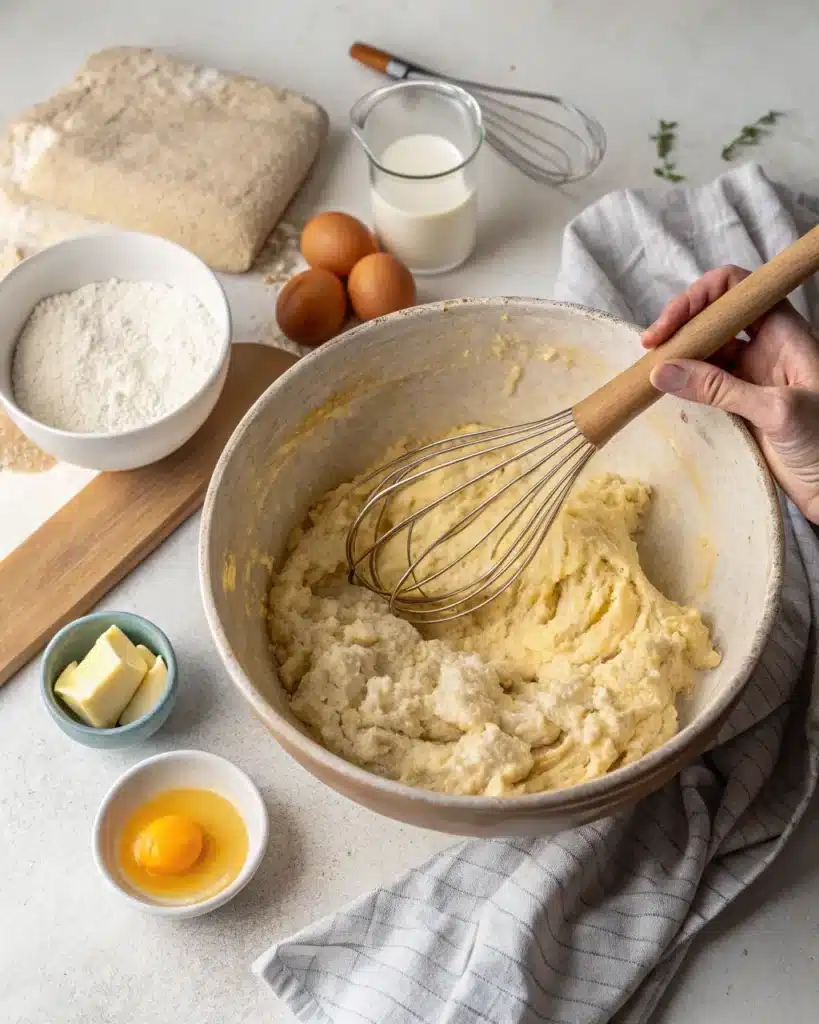 Mixing bowl with cinnamon roll dough, whisk, eggs, butter, milk, and flour ingredients on countertop.