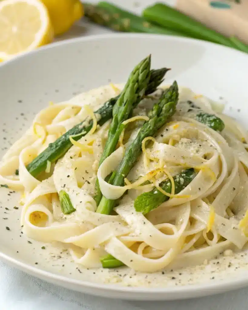 Fettuccine with asparagus, lemon zest, and creamy sauce