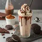 Oreo milkshake with whipped cream, chocolate drizzle, and cookies