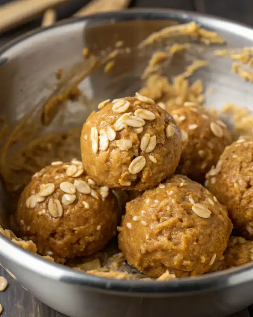 Freshly rolled oat and peanut butter energy balls in a bowl