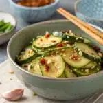 Bowl of Asian cucumber salad with chili flakes, garlic, and sesame seeds, ready to serve.