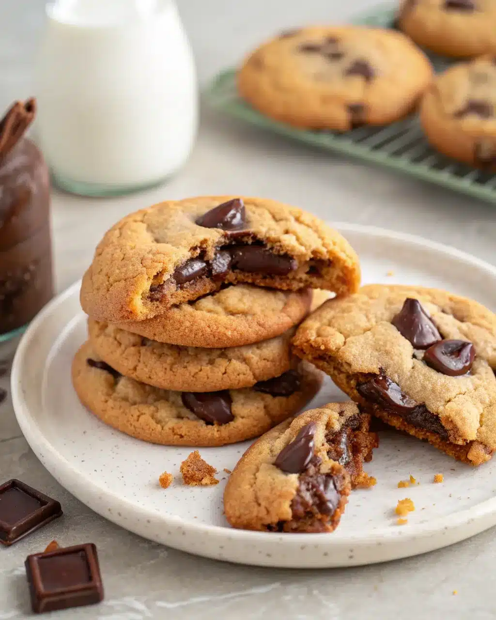 Stack of gooey soft batch chocolate chip cookies with melted chocolate centers