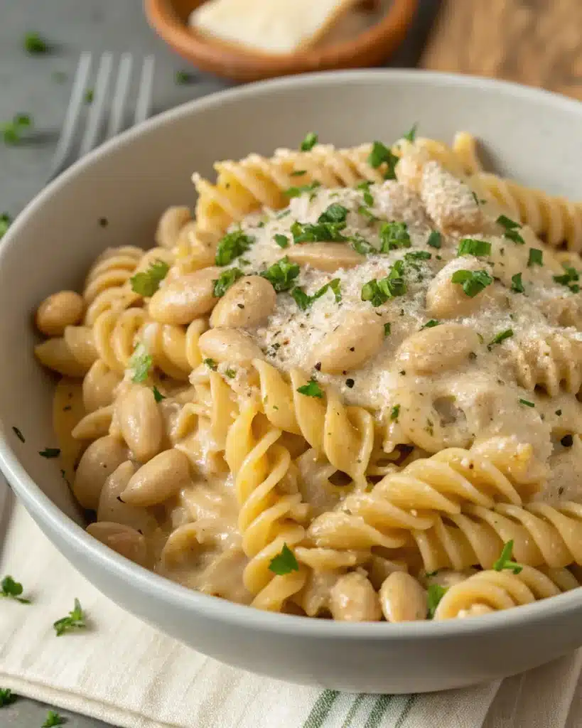 Creamy fusilli pasta with butter beans and parsley garnish