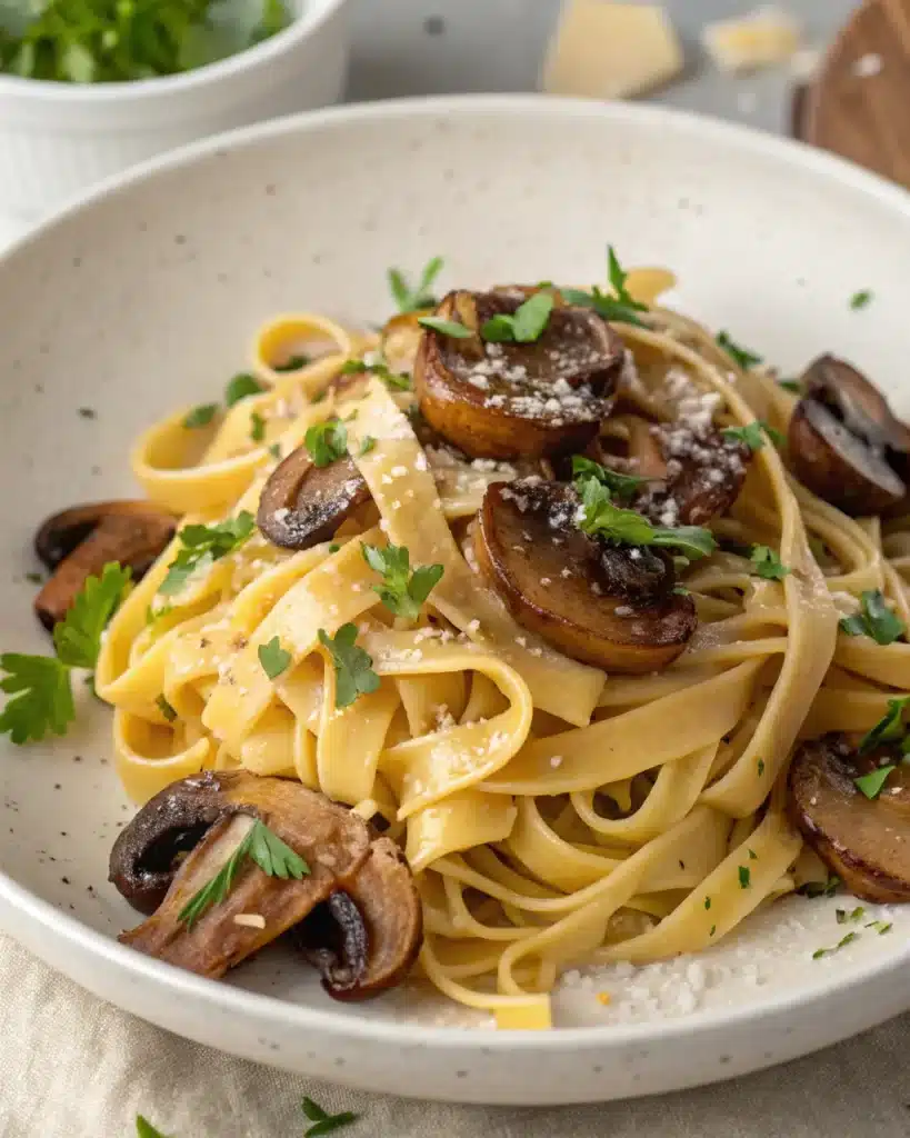 Garlic butter tagliatelle with sautéed mushrooms and parsley