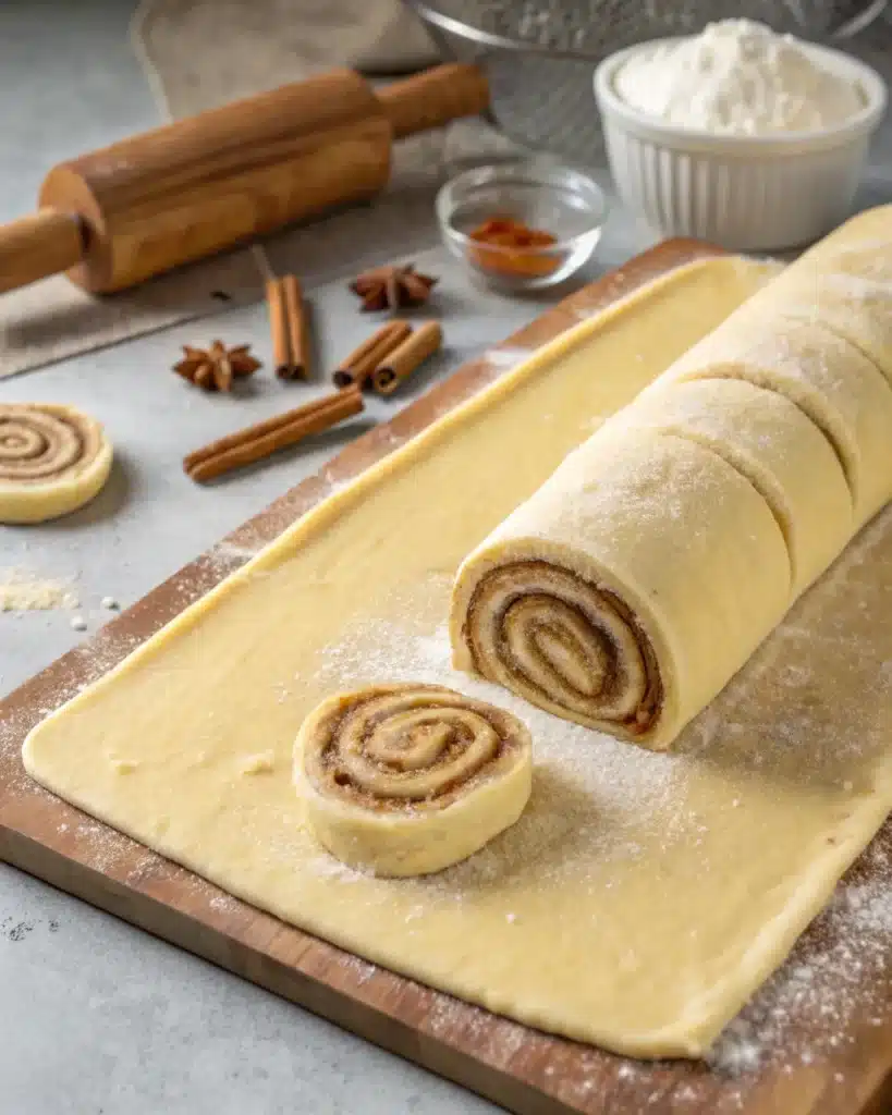 Cinnamon roll dough rolled out on a board, being sliced into individual rolls with the cinnamon filling visible — BEST Homemade Cinnamon Rolls.