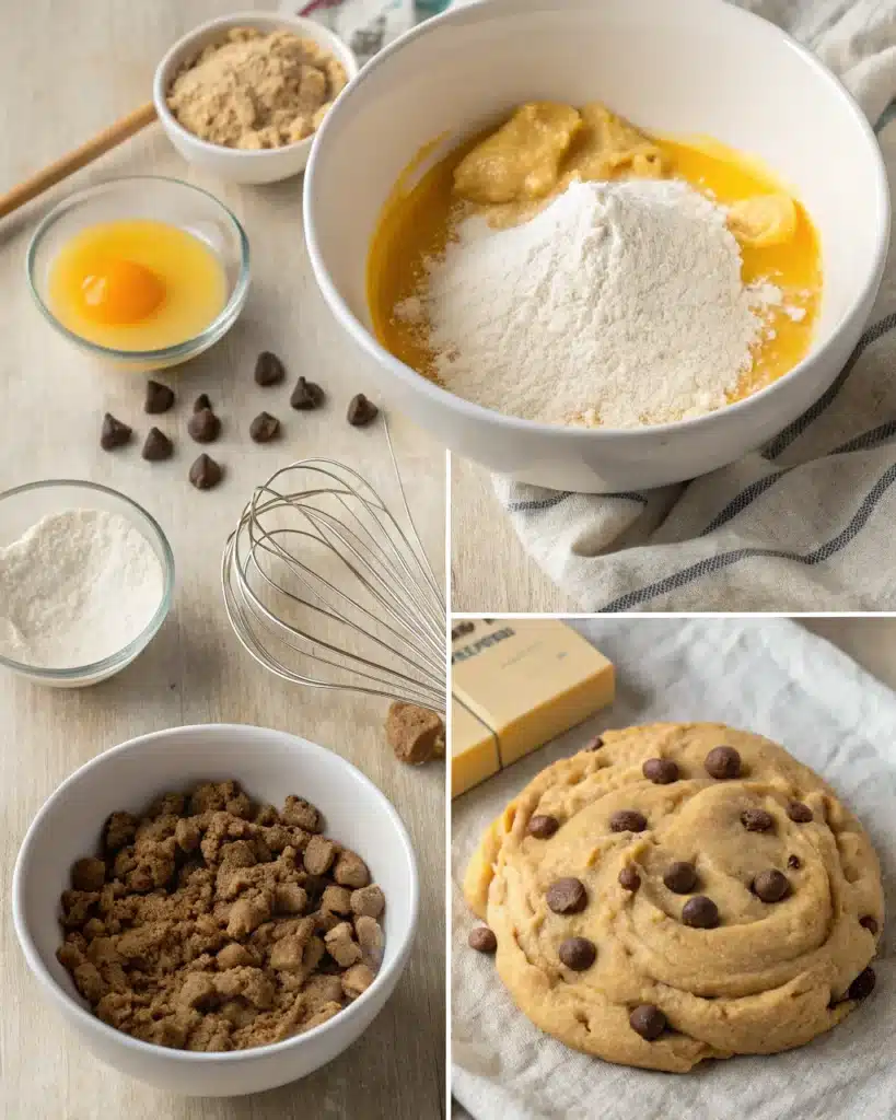 Soft batch cookie dough preparation showing ingredients and finished dough for the Best Soft Batch Chocolate Chip Cookie.