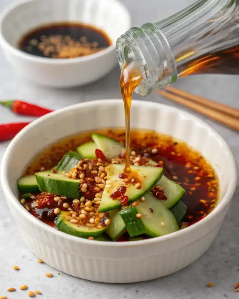 Chili oil dressing being poured over sliced cucumbers topped with sesame seeds in a white bowl – Easy Asian Cucumber Salad.