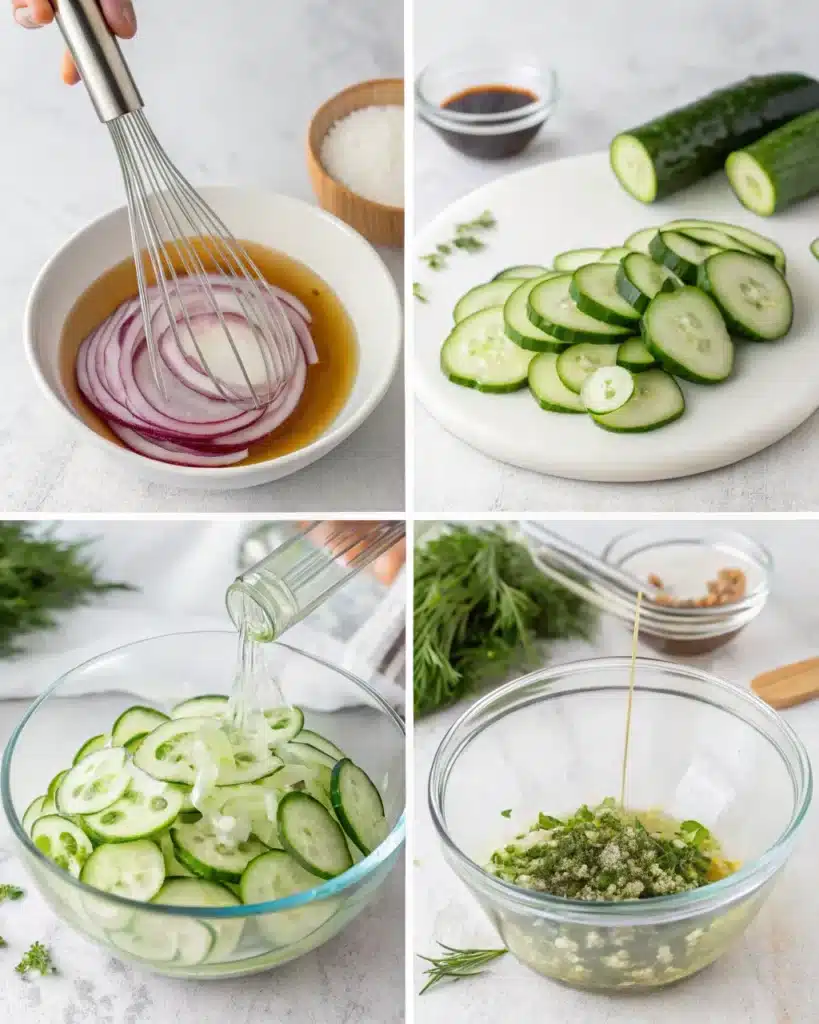 Step-by-step process for making Cucumber and Onion Salad with Vinegar and Herbs (Cucumber and Onions in Vinegar).
