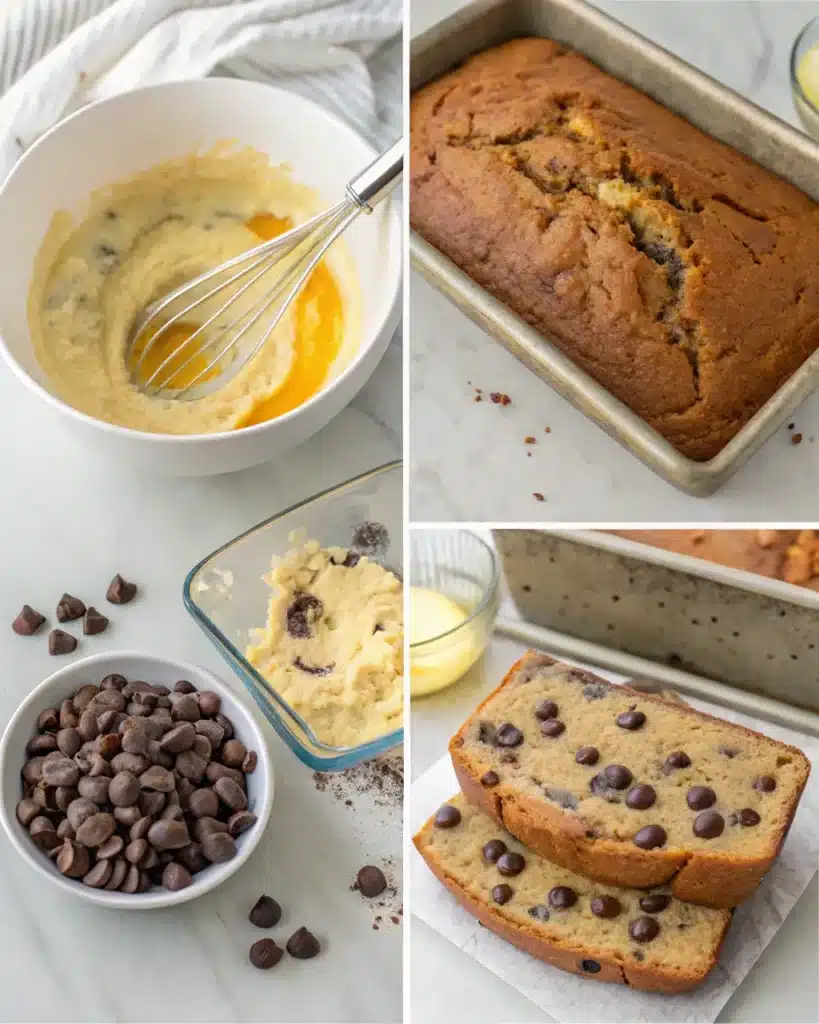 Banana bread batter, chocolate chips, and baked loaf process collage