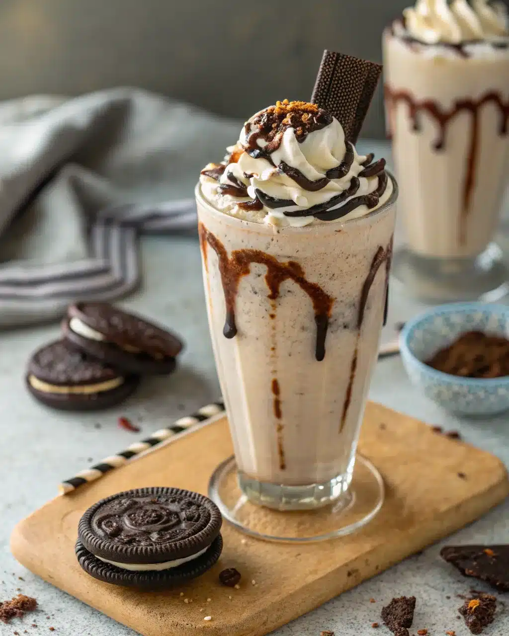 Oreo milkshake topped with whipped cream, chocolate syrup, and cookies