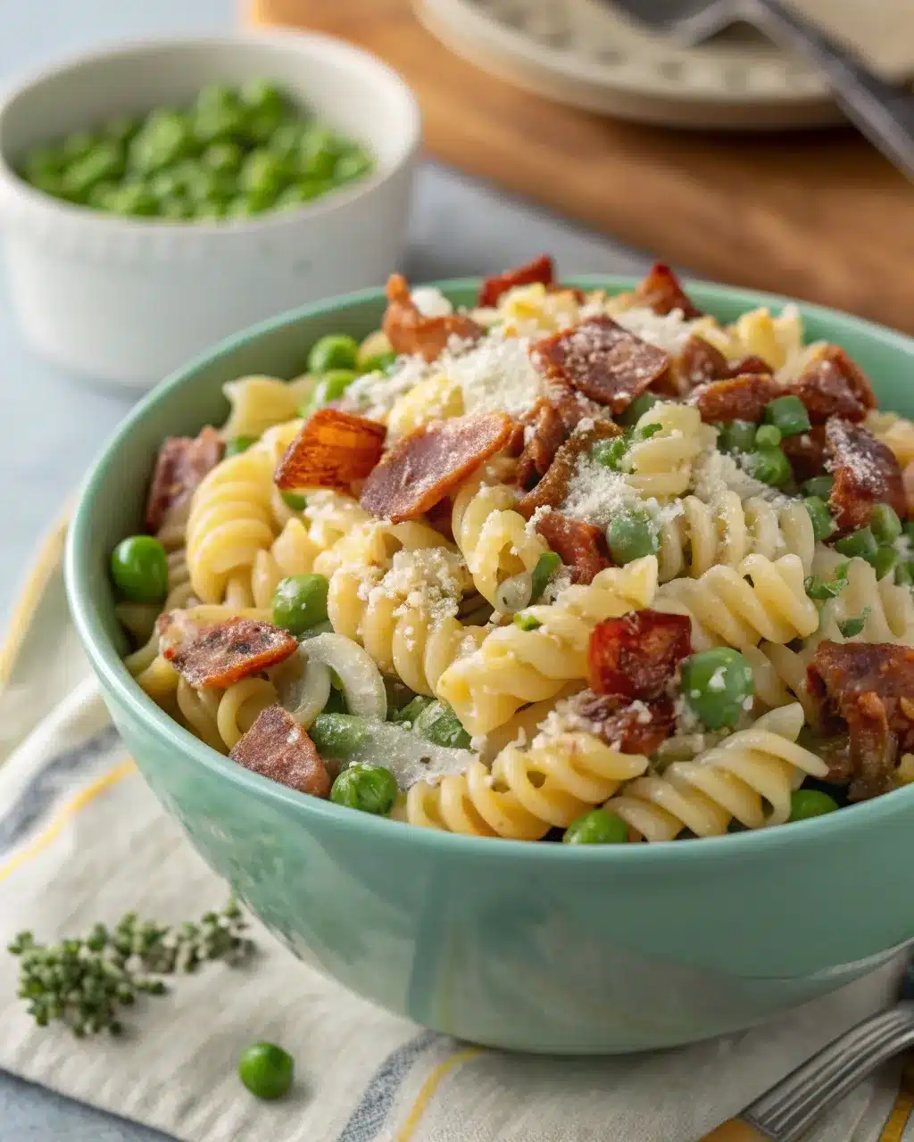 Creamy pasta salad with rotini, peas, crispy bacon, and Parmesan in a green bowl.