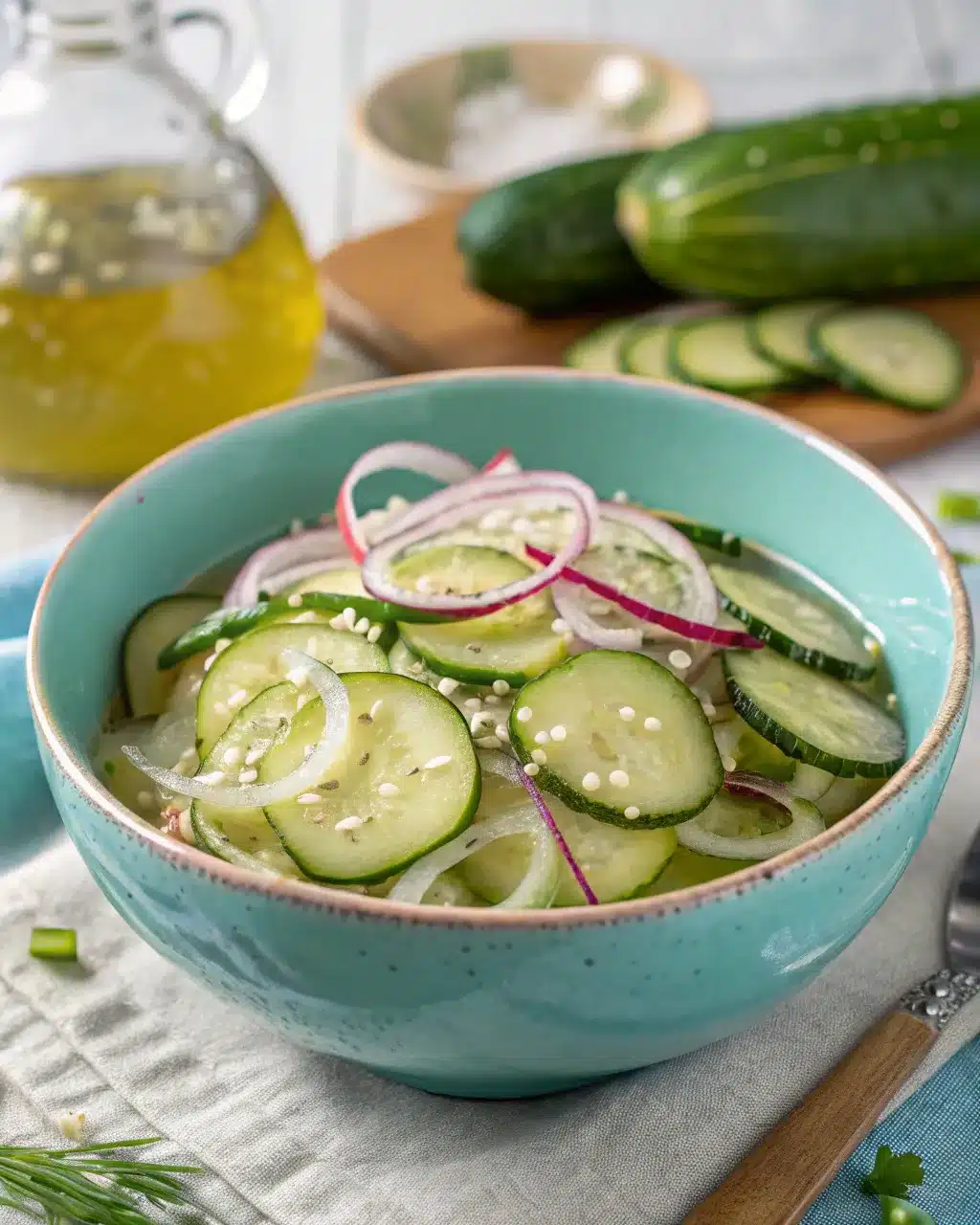 Bowl of cucumber and onion salad in vinegar with sesame seeds.