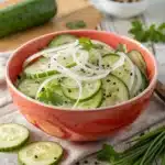 Cucumber and onion salad with cracked pepper in a red bowl.