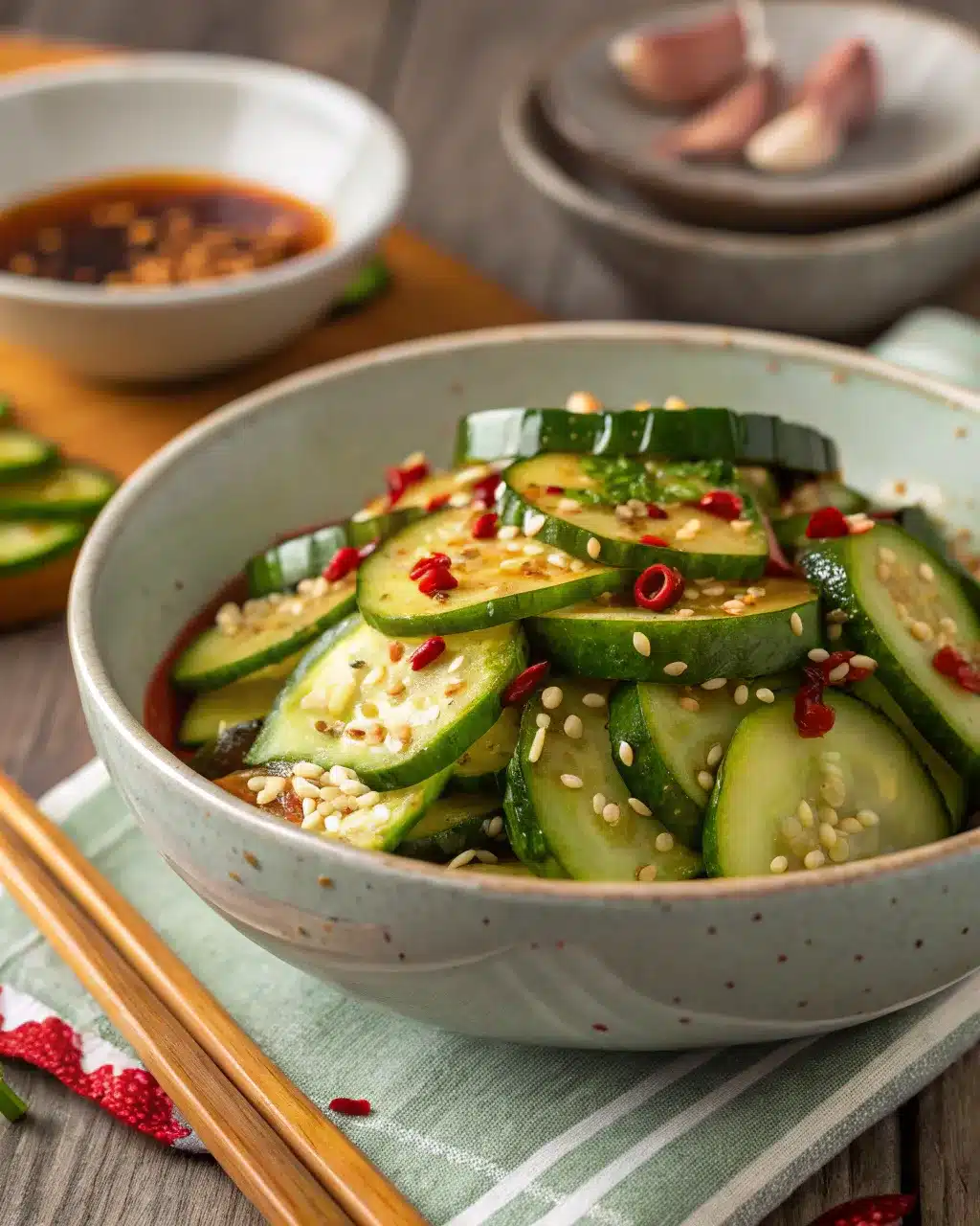 Sliced Persian cucumbers in chili oil dressing with sesame seeds and red chili flakes.