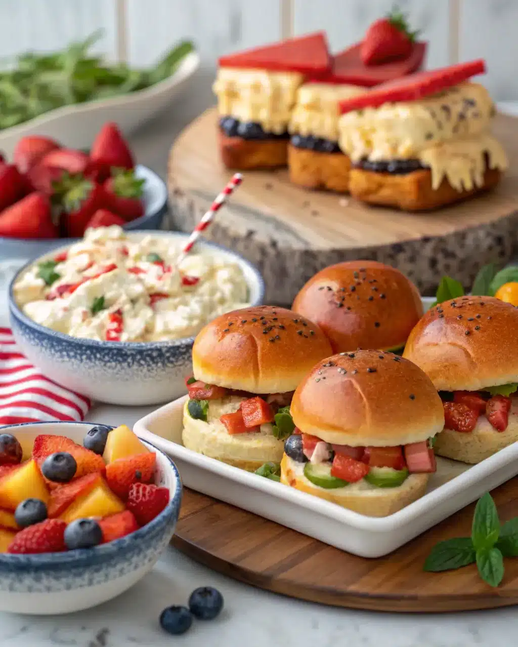 4th of July sliders, fruit salad, creamy dip, and patriotic desserts on party table