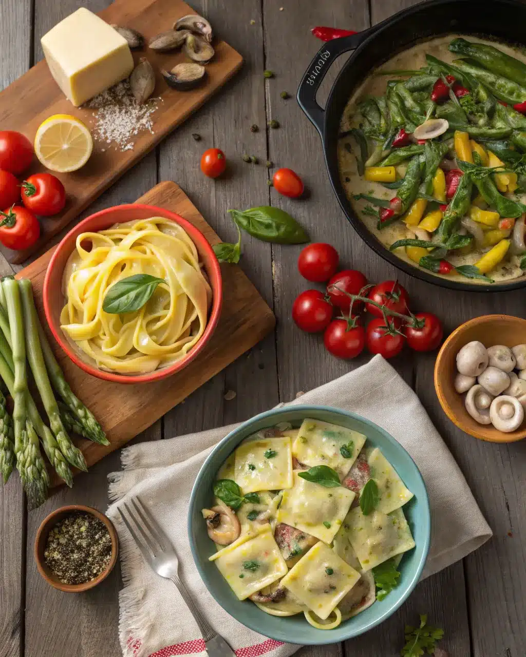Assorted vegetarian pasta dishes with fresh vegetables and creamy sauces