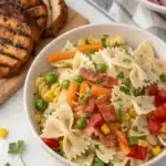 Colorful pasta salad with bowties, peas, bacon, corn, carrots, and grilled chicken on the side.