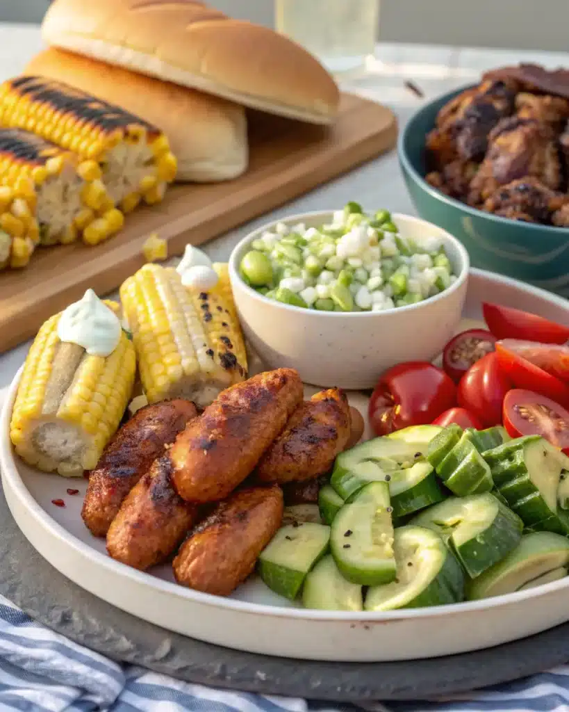 Summer BBQ plate with grilled sausages, corn, tomatoes, and cucumber onion salad.