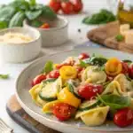 Cheese tortellini with cherry tomatoes, zucchini, and basil on a summer dinner plate.