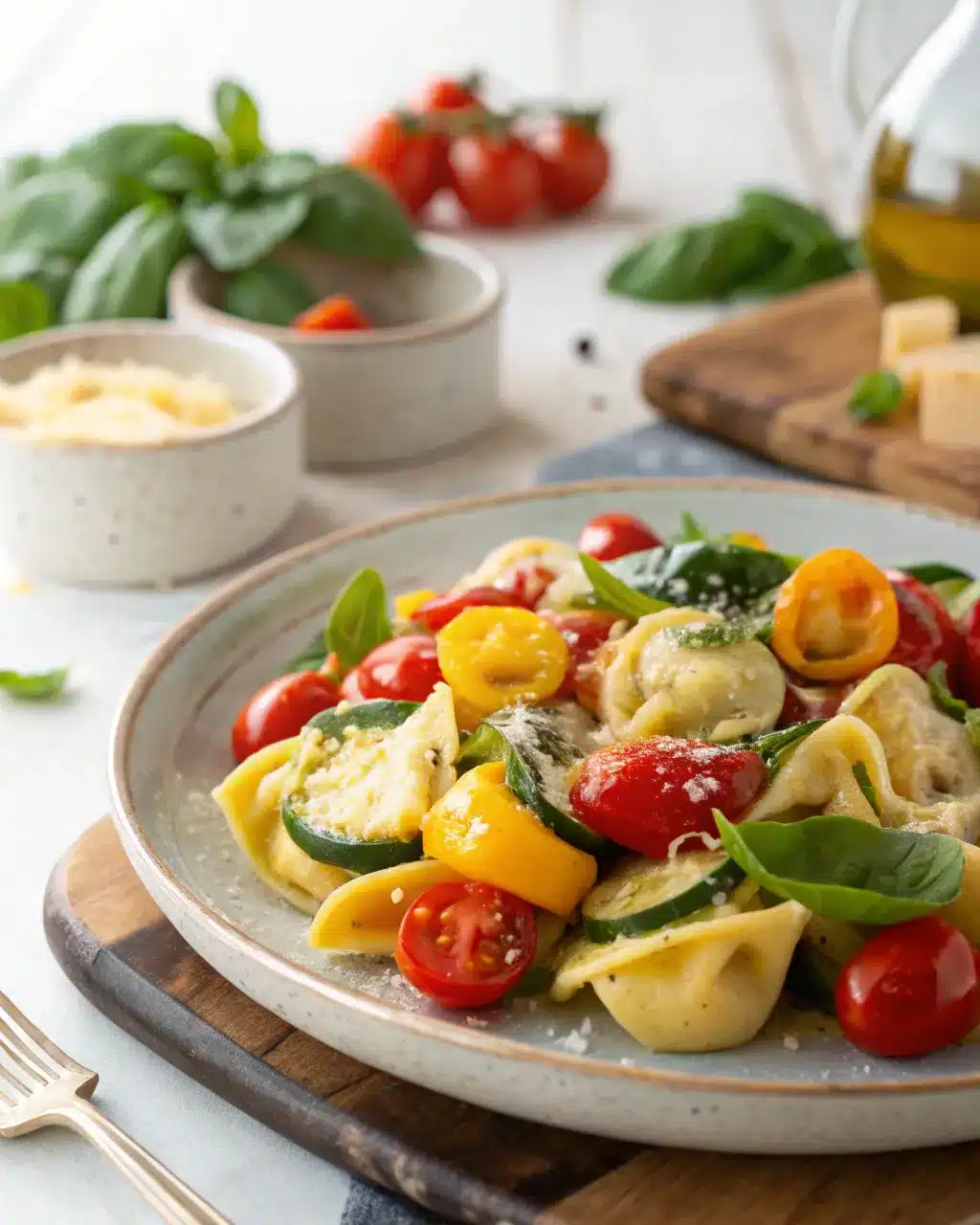 Cheese tortellini with cherry tomatoes, zucchini, and basil on a summer dinner plate.