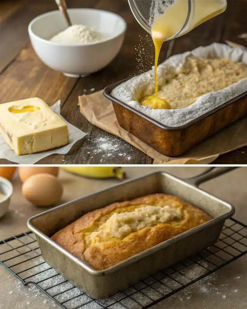 Pouring melted butter into banana bread batter and freshly baked loaf in a pan