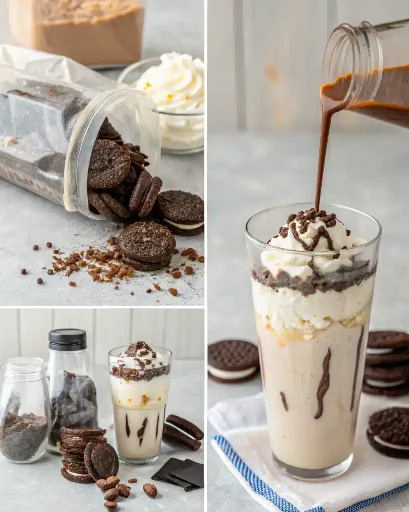 Oreo milkshake preparation with cookies, whipped cream, and chocolate syrup