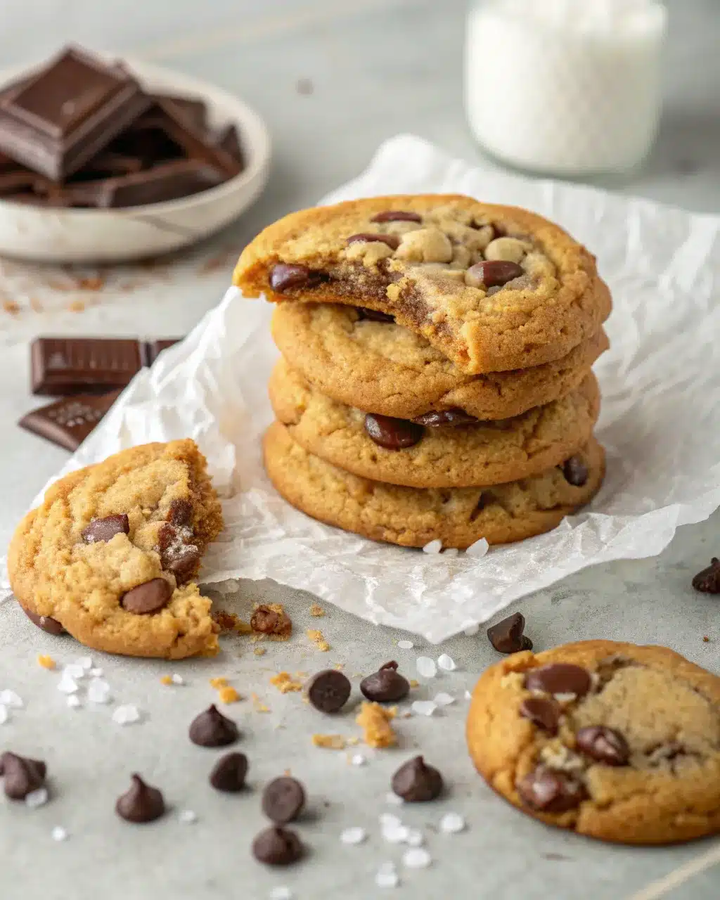 A home baking scene showing cookie dough mid-preparation: a bowl with partially mixed dough still showing streaks of flour, and a spatula folding in glossy chocolate chips. Nearby, a baking sheet lined with parchment holds evenly spaced scoops of dough, with a few freshly baked cookies cooling on a wire rack—edges golden, centers soft, and chocolate chips slightly melted.