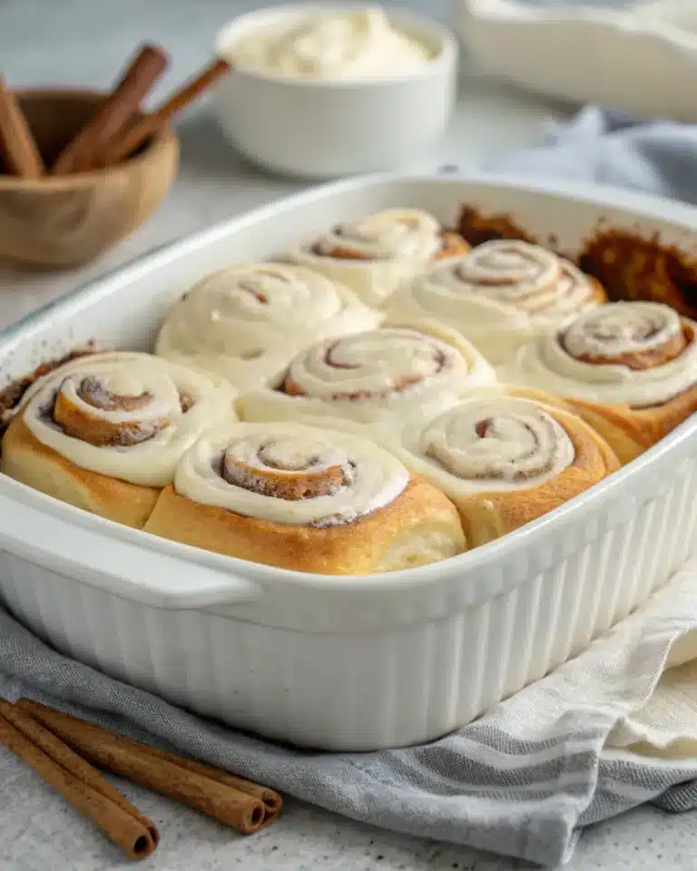 Freshly baked homemade cinnamon rolls topped with cream cheese frosting.