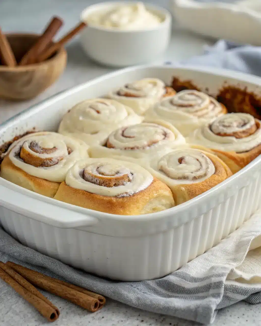 Freshly baked homemade cinnamon rolls topped with cream cheese frosting.