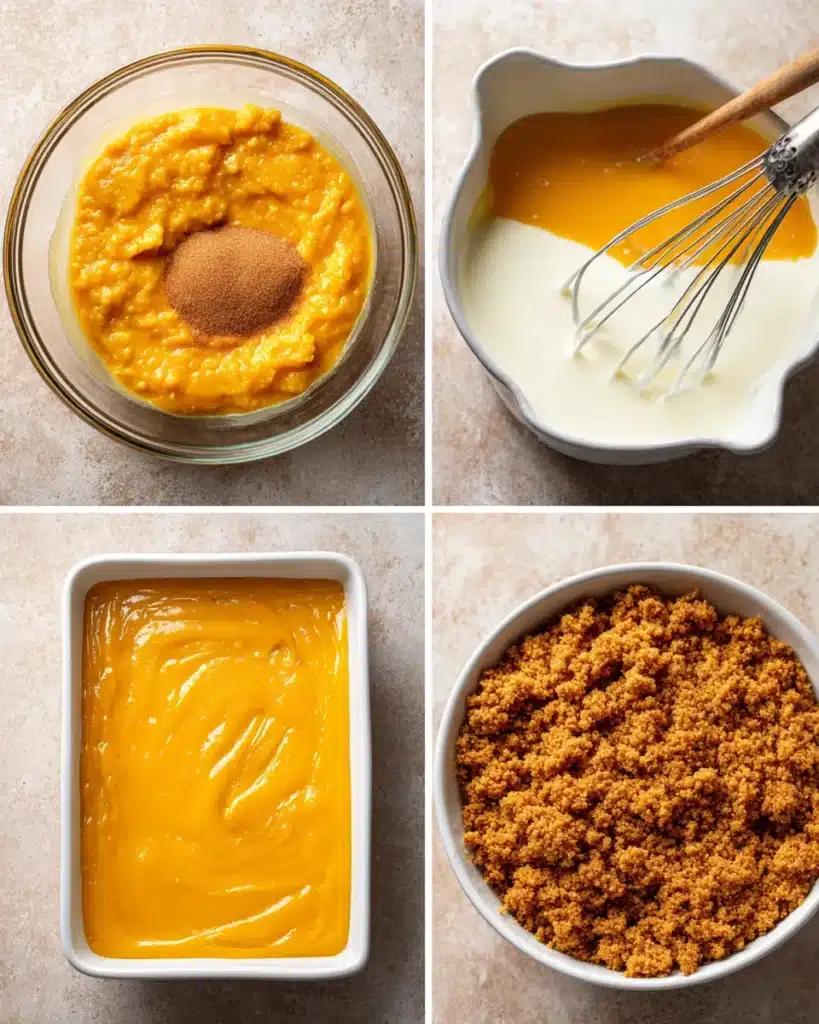 Pumpkin crisp preparation steps including mixing puree, adding cream, filling pan, and streusel topping
