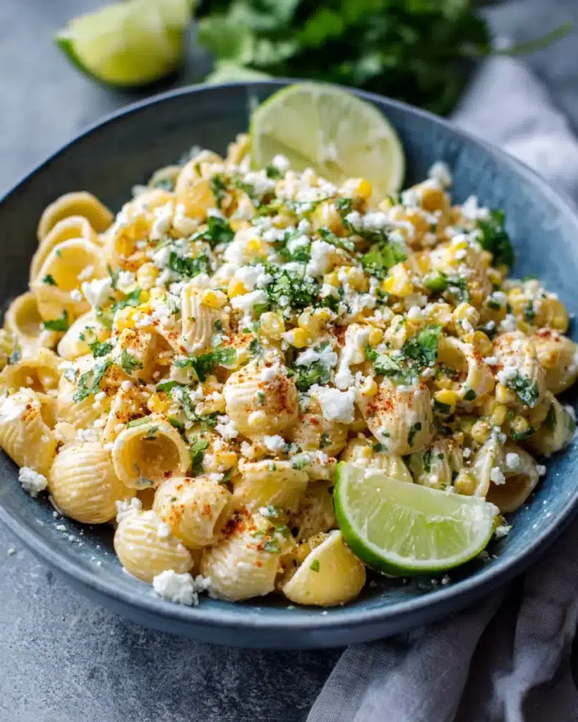 A creamy Elote pasta salad recipe featuring shell pasta, roasted corn, cotija cheese, fresh cilantro, and lime, all tossed together and served in a vibrant blue bowl.