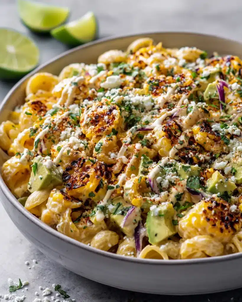 Creamy Mexican street corn pasta salad with grilled corn, avocado, cotija, and chili-lime drizzle