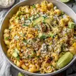 Creamy Mexican street corn pasta salad topped with avocado, cotija cheese, and chili powder