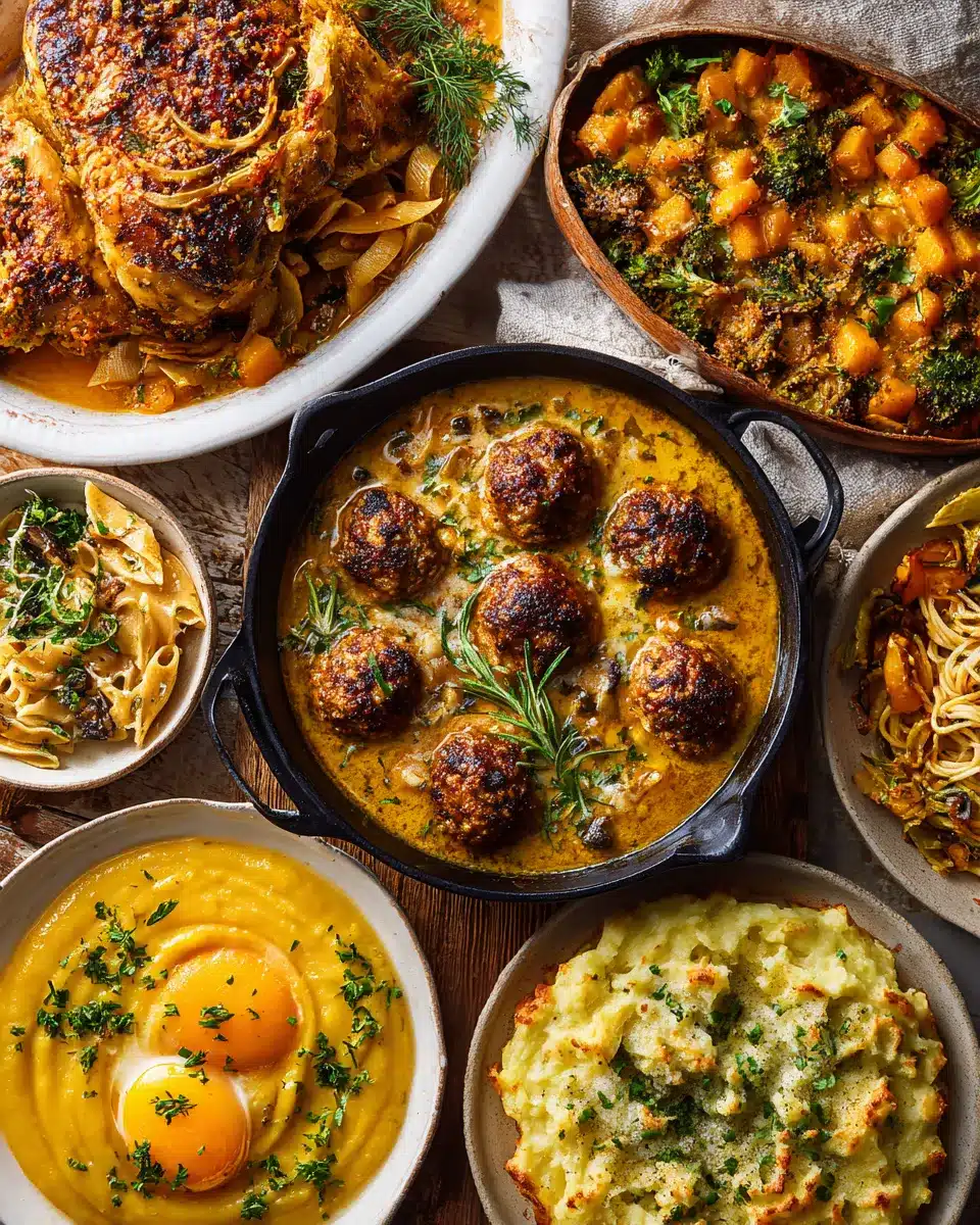 Fall comfort meal spread with roast chicken, meatballs, squash casserole, mashed potatoes, and creamy soup.