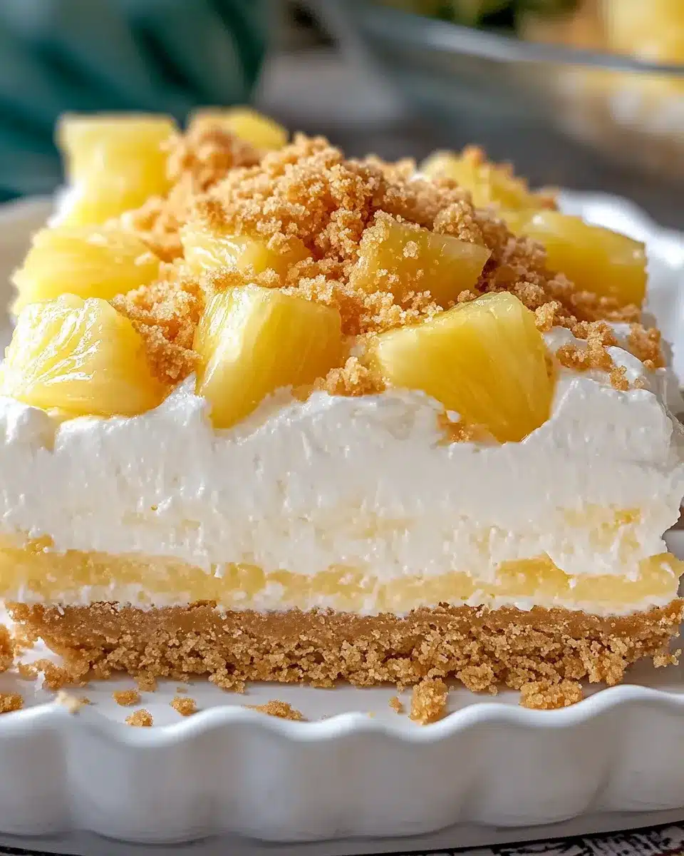 No-bake pineapple dream dessert slice with graham cracker crust