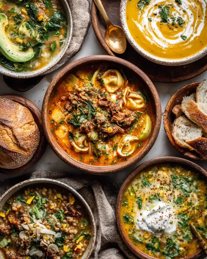 Assorted hearty fall soups including tortellini, lentil, pumpkin, and barley with crusty bread.