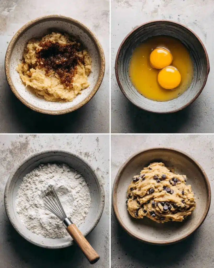 Step-by-step process of making banana chocolate chip cookie dough in bowls.