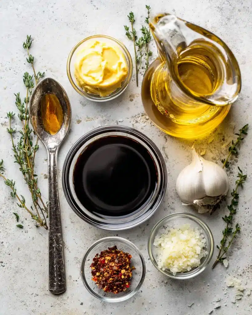 Balsamic vinaigrette ingredients including olive oil, vinegar, garlic, and mustard