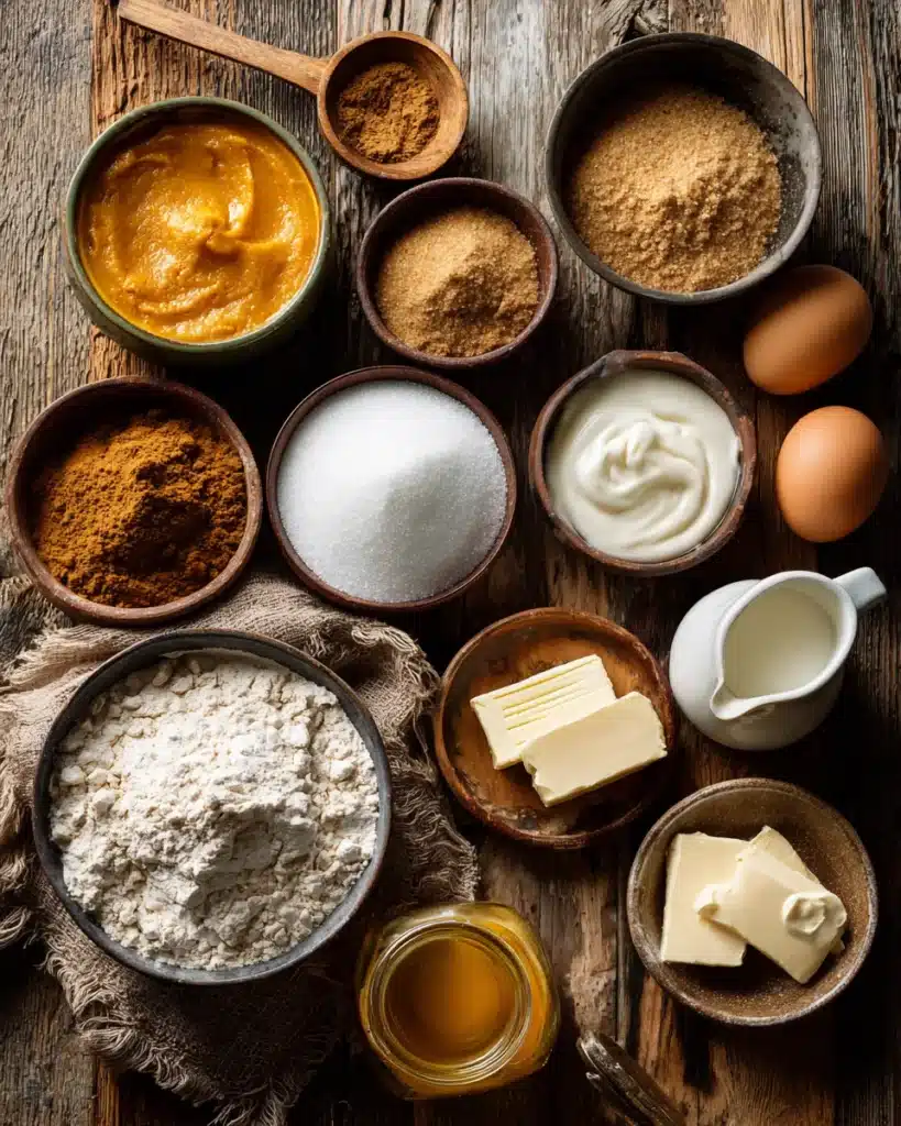 Pumpkin coffee cake ingredients including flour, spices, butter, eggs, and pumpkin puree