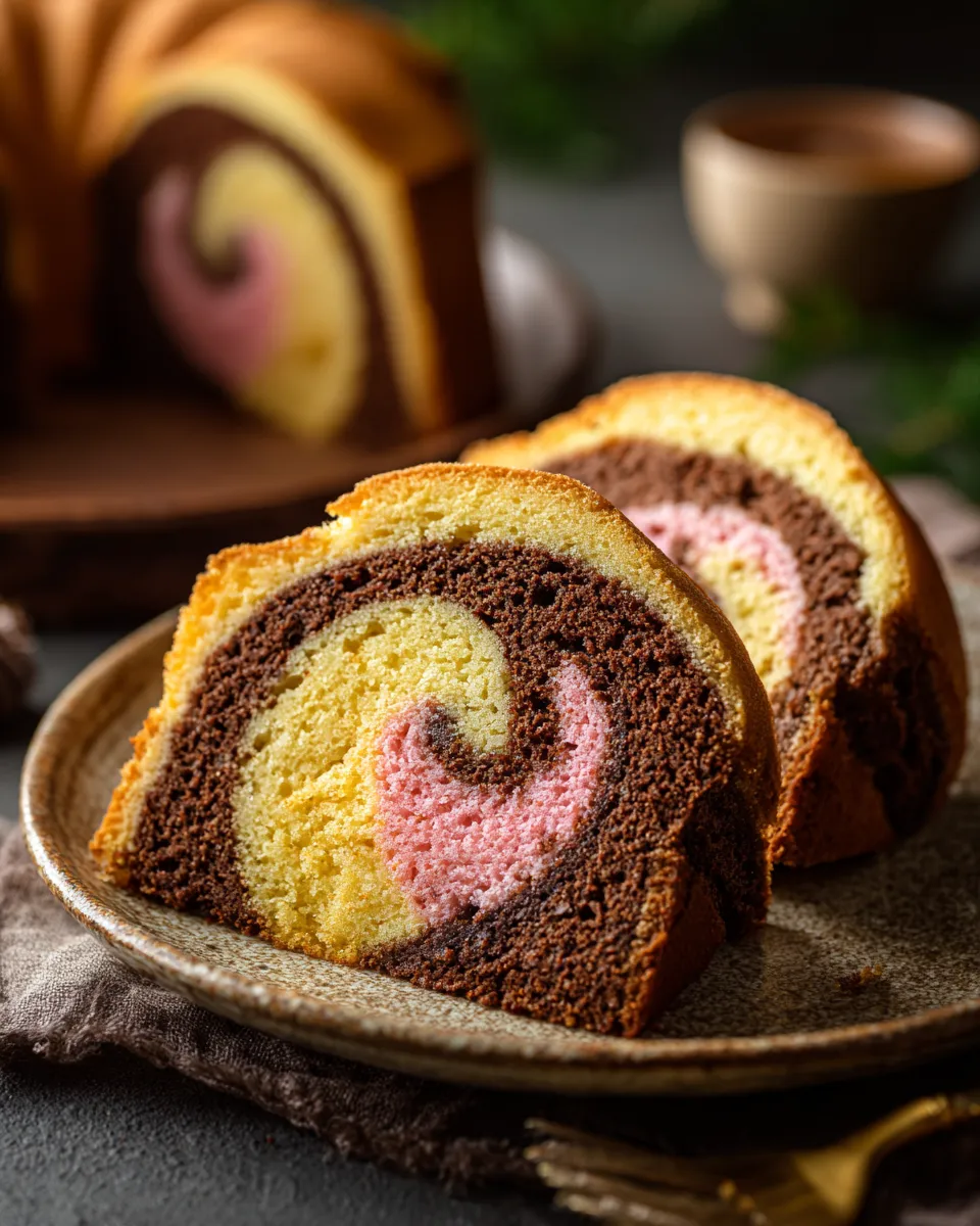 Sliced Neapolitan marble cake with chocolate, vanilla, and strawberry swirls on a ceramic plate.