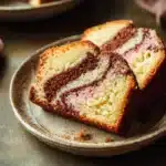 Loaf-style Neapolitan marble cake with rich chocolate frosting and swirled interior.