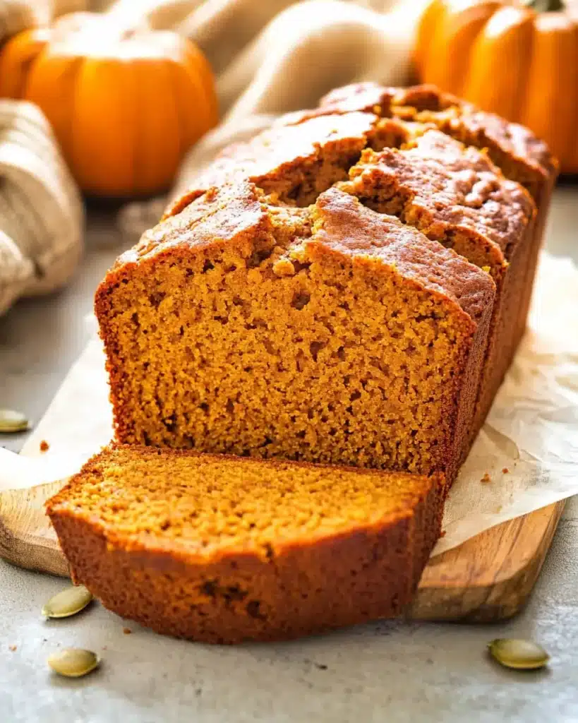 Close-up of classic homemade pumpkin bread sliced on a rustic board