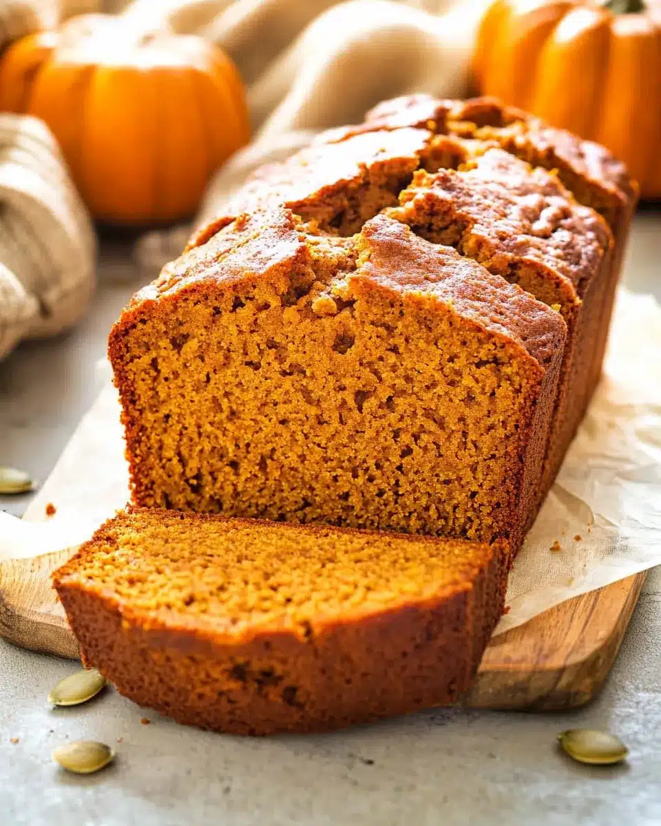 Close-up of classic homemade pumpkin bread sliced on a rustic board