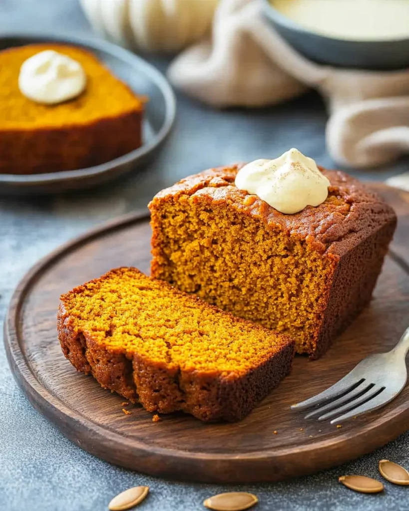 Pumpkin bread slice topped with cream on a wooden plate