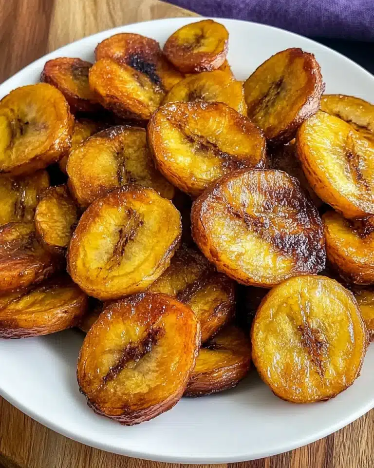 Golden brown fried plantains on a white plate, sweet and caramelized