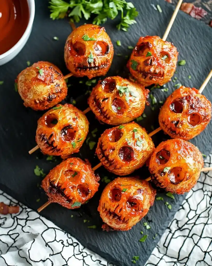 Skewered Halloween skull potatoes with spooky carved faces