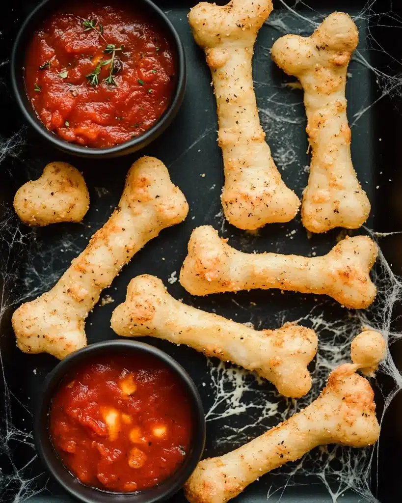 Spooky breadstick bones with mozzarella and marinara dip on a Halloween-themed tray.