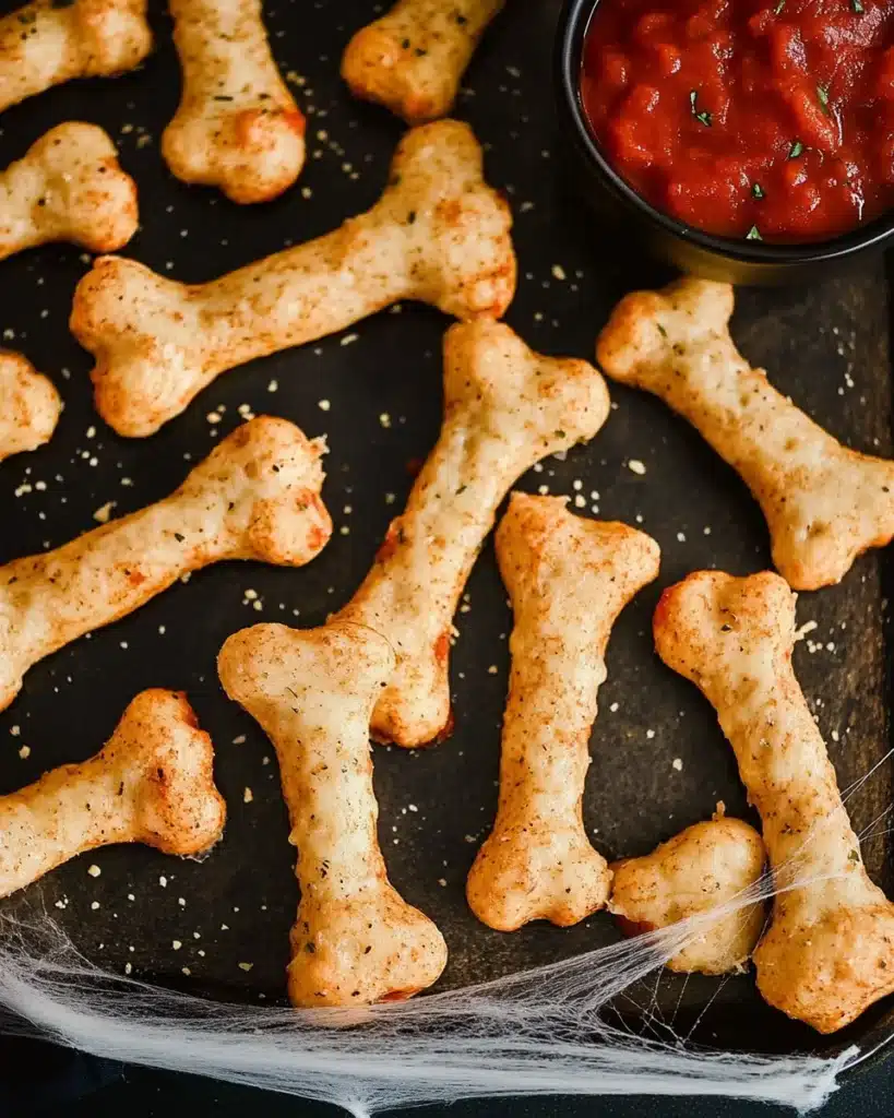 Bone-shaped cheesy Halloween breadsticks with marinara dipping sauce.