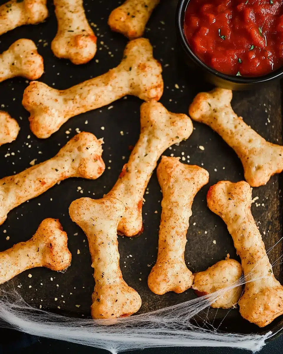 Bone-shaped cheesy Halloween breadsticks with marinara dipping sauce.
